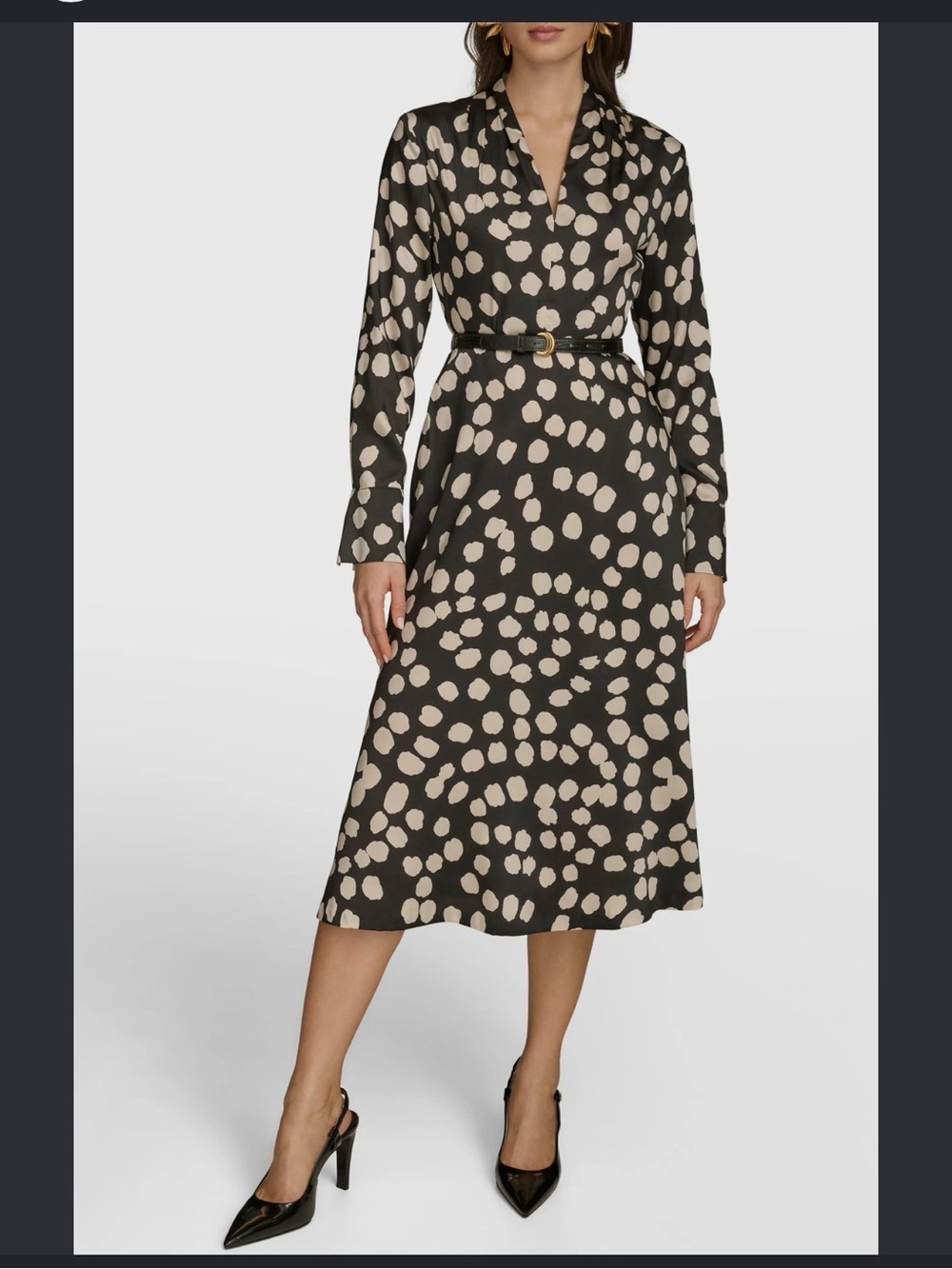 NWT Donna Karan Polka Dot Long Sleeve Midi Dress - Black and Cream